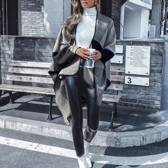 fall color block open front kimono poncho cardiga - Picture 7 of 11